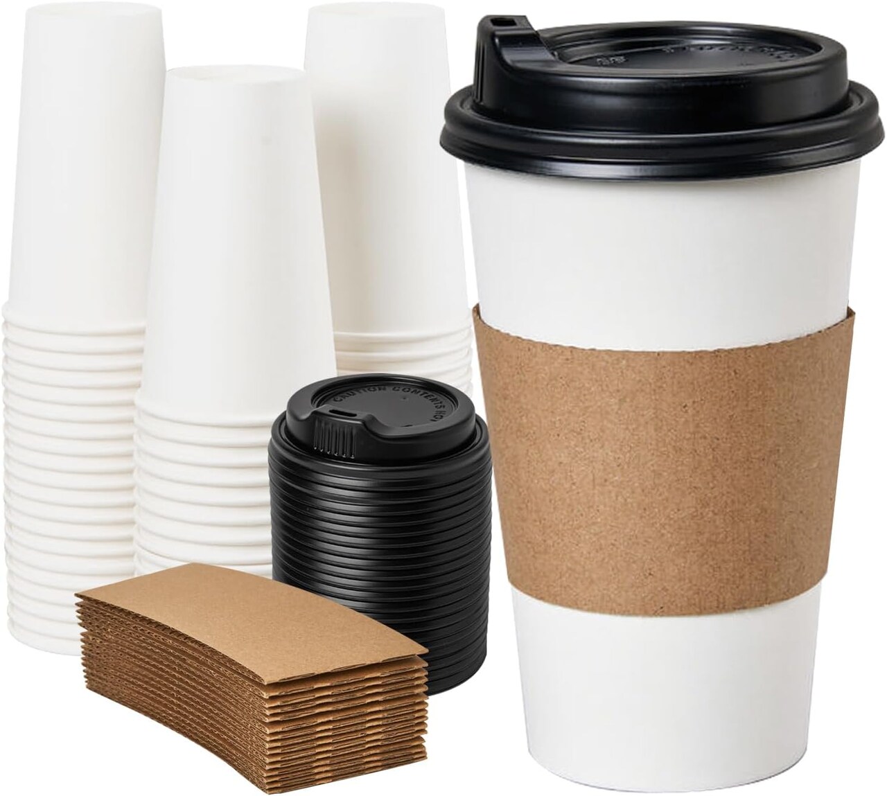 50-pack of 16 oz disposable coffee cups with lids and sleeves, perfect for hot beverages. Ideal for to-go coffee, parties, family gatherings, and office use. Upgraded for better insulation and convenience.